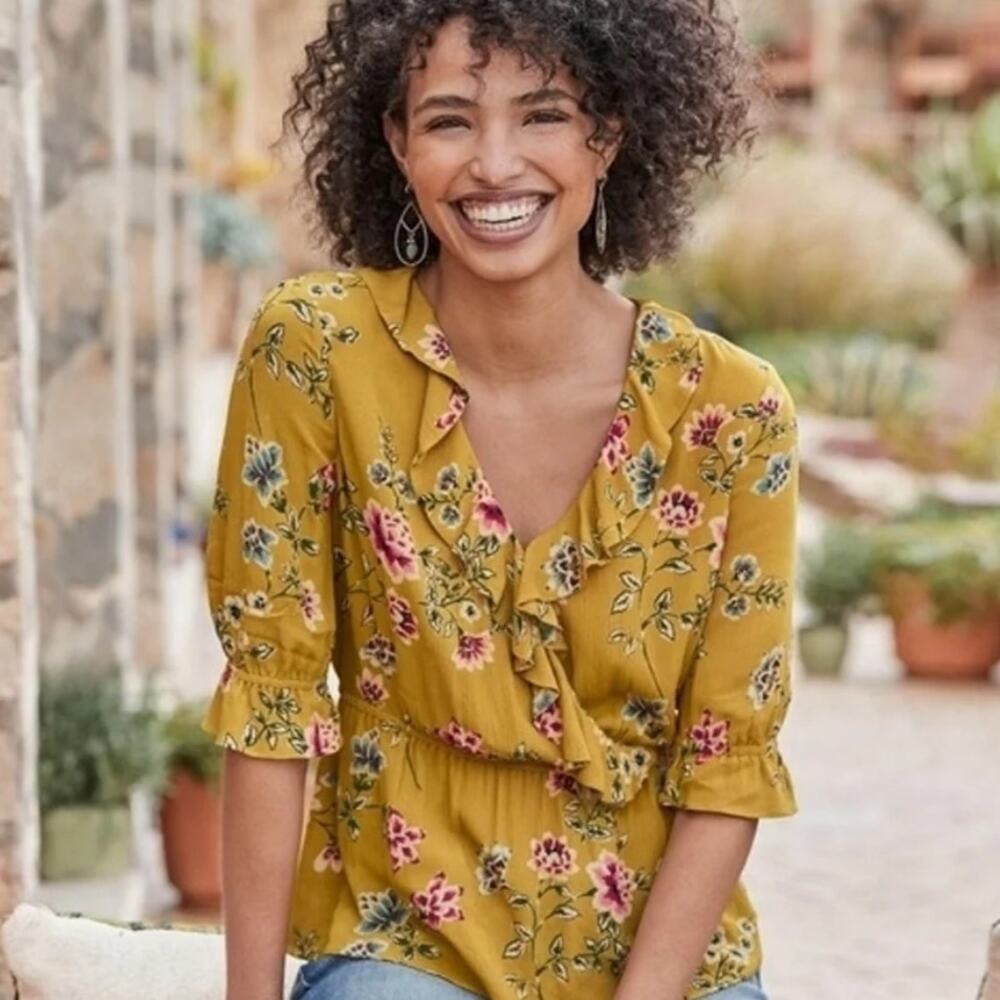 Sundance Calla Peplum Top Womens Small Mustard Floral Ruffled Babydoll Boho